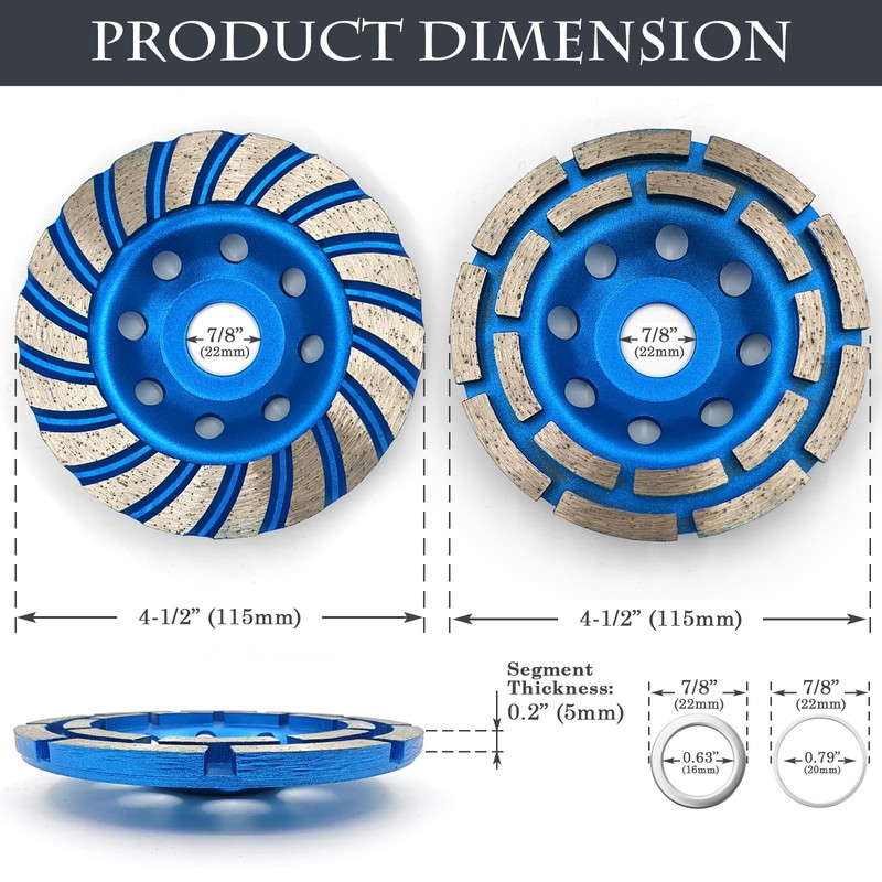 SWIGRANCE 2Pcs Diamond Concrete Grinding Cup Wheels 115mm 4-1/2" Set