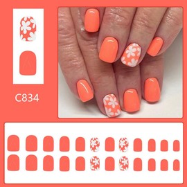 Orange Press on Nails Short Square Fake Nails with White Flower Daisy Designs Spring False Nails Solid Orange Stick on Nails Cute Glossy Reusable Summer Artificial Nails for Women Girls Manicure 24Pcs