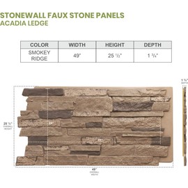 EKENA MILLWORK PNU24X48ALSR Acadia Ledge Stacked Stonewall Faux Stone Siding Panel, 49"W x 25 1/2"H x 1 1/4"D, Smokey Ridge