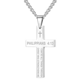 Bible Verse Philippians 4:13 Cross Pendant Necklace Stainless Steel for Men Women, 24" Classic Chain, 3 Colors Available (Silver)