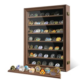7 Rows Challenge Coin Display Case with HD Tempered Glass - Wall Mountable, Holds 100 Coins, Medal Display Cabinet Military Shadow Box with Removable 2-Groove Shelves, Poker Chips Holder, Rust Brown