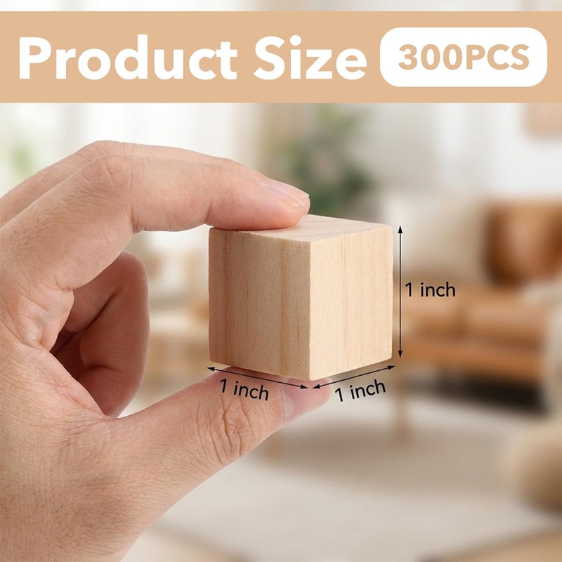 300 1-inch raw Wood Cubes, Natural Craft Wood Blocks, Suitable