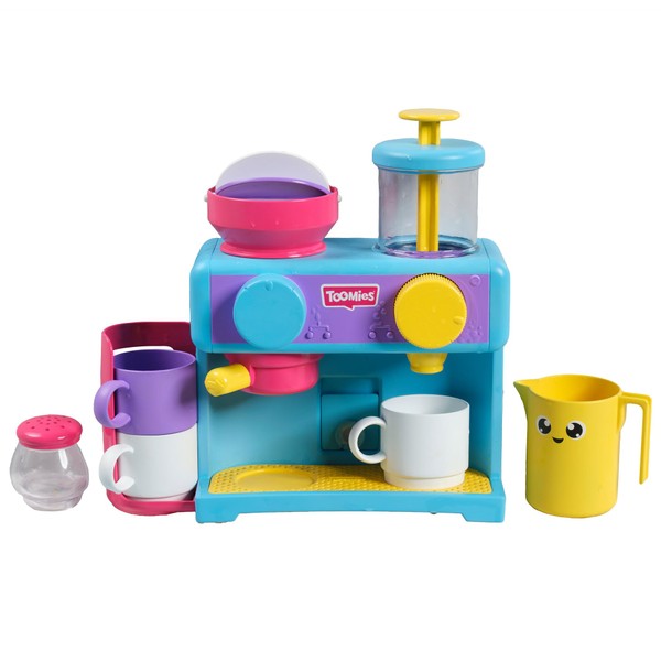 TOMY Toomies Bath Barista - Pretend Cafe Baby Bath Toys - Wall Mounted Bubble Bath Play Kitchen Toddler Toys - Kids Kitchen Set Includes 3 Cups, 1 Jug, 1 Shaker - +18 Months Boys Toys & Girls Toys