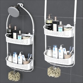 EMT ETRENDS Plastic Shower Caddy Over Shower Head/Door,Hanging Shower Caddy, 2 in 1 Adjustable Shower Organizer,Rust Resistant No Drilling Anti-Swing Shelf for Bathware (4 Suction Cup, White)