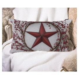 EKOBLA Decorative Pillow Cover American Patriotic Wreath Western Country Red Stars Berries Waist Lumber Cotton Linen Home Living Room Decorative Throw Pillow Covers Cushion Cover 12x20 Inches