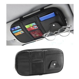 ZNDAW Car Sun Visor Organizer, Leather Multi-Pocket Visor Organizer Pouch with Double Zippers Net, Sunglass Holder Storage Pocket for License Pen Key Card Registration Document (Black)