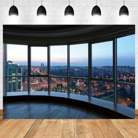 ASDCXZ 10x8ft Office Backdrop Window City View Photography Background Sunset Business Buildings Wooden Floor Online Meeting Urban Banner Decorations Video Conference Portrait Photo Booth Prop