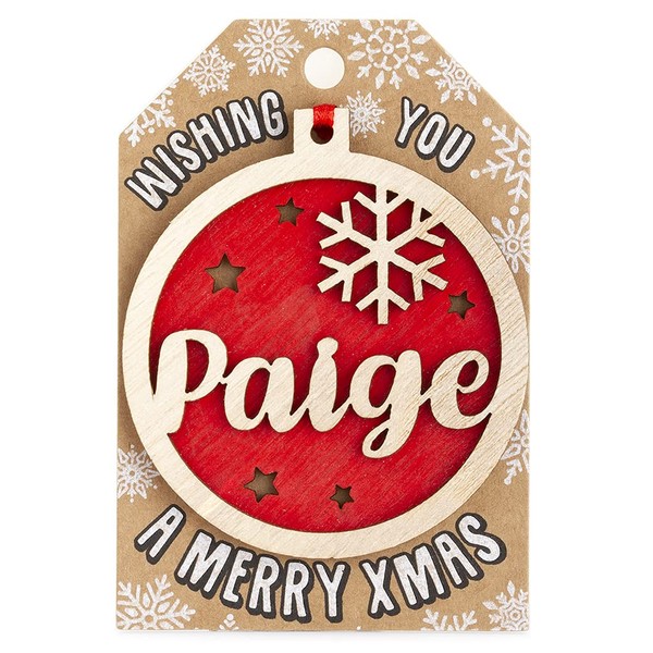 Personalised Wooden Paige Name Red Hanging Christmas Tree Bauble Decoration