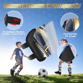 Shin Pads Boys - Certified Prüfengel Shin Pads Kids for Football, Suitable for kids aged 2-18 with 2 Adjustable Strap Fasteners， Black & Gold Football Shin Guards with Skin Friendly Material