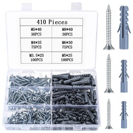 410 Piece Concrete Screws Dowel Set with Screws, Dowel Screws Set, Plasterboard Screws and Dowels Set, Concrete Wall Impact Dowel Set, Plasterboard Dowels with Self-Tapping Screws, Wood Screws Set