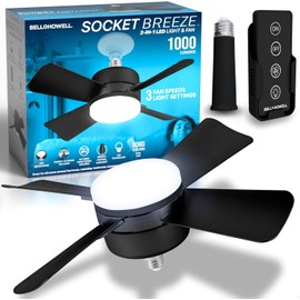 Bell+Howell Socket Breeze Deluxe, Small Ceiling Fan with LED Light and Remote, Adjustable Speeds and Brightness, Light Socket Fan for Bedroom, Kitchen, Living Room, 1000 Lumens