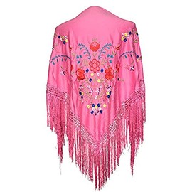 AMINA Medium Peak Shawl Triangle Flamingo or Sevillanas (175 x 75 cm) Pink Body, Multi-Coloured Wildflower Embroidery