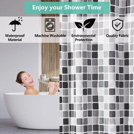 GERUIKE Shower Curtain, 180 x 180 cm, Waterproof, Textile Shower Curtain, Washable with 12 Shower Curtain Rings, Polyester Shower Curtain with Weight Bottom, Black, White, Grey Mosaic Shower Curtain,