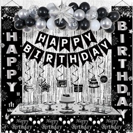Black and Silver Birthday Decorations for Men Women Boys Girls, Happy Birthday Decorations Black and White, Happy Birthday Banner Balloons Tablecover Fringe Curtain Door Banner, Birthday Party Decor