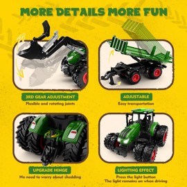 Remote Control Tractor Toy with Trailer | Metal Front & Front Loader Farm Vehicle Set with Lights & 8-Wheel Design, RC Tractor Truck for Boys & Girls Ages 3-9, Fun Farm Toy Gift for Toddlers & Kids