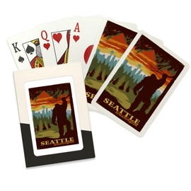 Lantern Press Seattle Skyline, Bigfoot, WPA Style (52 Playing Cards, Poker Size Card Deck with Jokers)