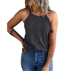 KINLONSAIR Women's Summer Sleeveless Halter Tee Shirts Crew Neck Workout Tank Tops Casual Plain Cami Shirts Dark Gray