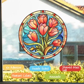 WBQMUNY Botanical Bird Strikes Prevention, 3 Styles Tulip Flower Stained Glass Window Cling, 10'' Static Cling Vinyl, Reusable Decor for Home, Office, Restaurants, Cafes, Stores, Salons, Jd145