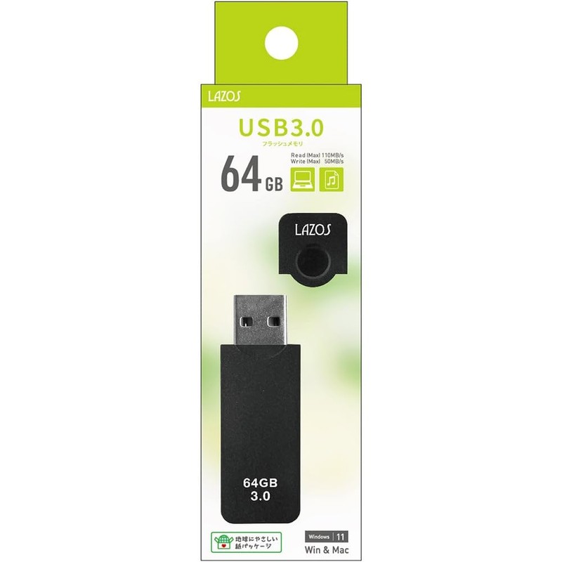 LAZOS 64GB Cap USB Flash Memory (Black)