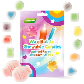 Halfoma Chewy Wax Bottle Candy with 2 Giant Fish - 20-Piece Assorted Fruit Flavors Chew Treats for Kids, Party Favors, Classroom Supplies,6.3oz
