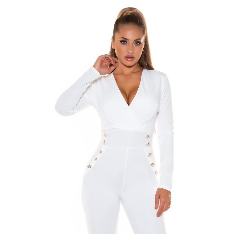 Koucla Women's Jumpsuit Elegant Jumpsuit Trouser Suit V-Neck Decorative Buttons,