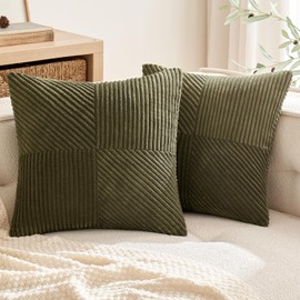 ANRODUO Pack of 2 Olive Green Corduroy Pillow Covers 20x20 Inch Boho Decorative Spliced Throw Pillow Covers Soft Couch Pillowcases Diagonal Patchwork Textured Cushion Covers for Sofa Living Room Decor