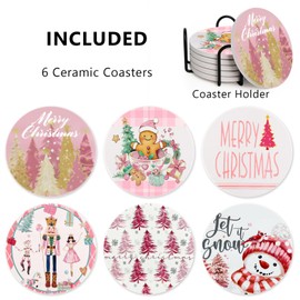 6Pcs Pink Christmas Coasters with Holder, Gingerbread Nutcracker Coaster