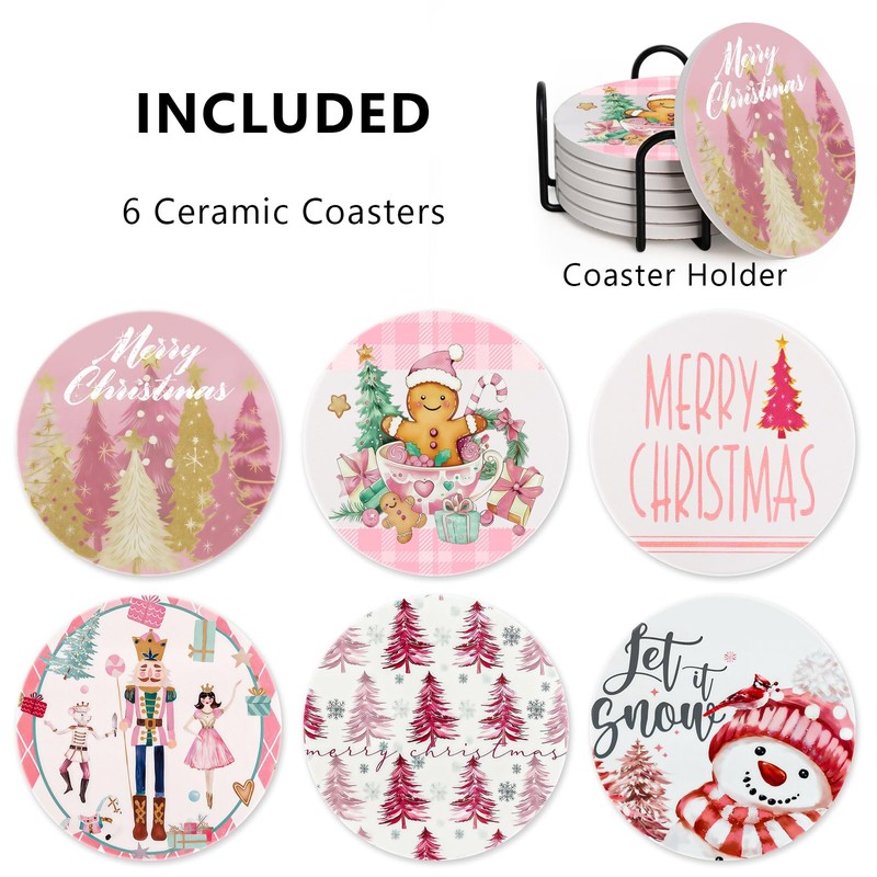 6Pcs Pink Christmas Coasters with Holder, Gingerbread Nutcracker Coaster