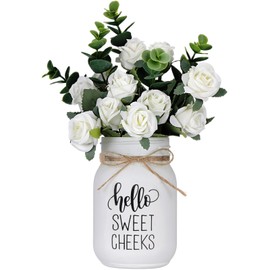 XunYee Farmhouse Badezimmer Dekor Hello Sweet Cheeks Schild Einmachglas mit Blumen 480 ml Weiß Einmachglas Mittelstück Tisch Rustikale Dekoration für Toilette Badezimmer Regal Brautdusche Küche
