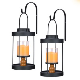 Metal Wall Sconce Candle Lantern Set of 2 - Black Wall Mounted Wood and Metal Hanging Holder with Glass & Candles Vintage Wall Decor for Porch, Living Room, Dining Room, Bedroom Indoor Decor