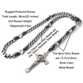 HanlinCC Large and Heavy Stainless Steel Beads Rugged Durable Paracord Rosary Necklace for Men with St.Michael Center Piece and St.Benedict Crucifix (Grey Paracord Rosary)