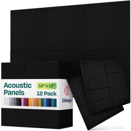 Ekkogo Acoustic Panels 12-Pack Soundproof Wall Panels 12"x12"x0.4" Decorative Sound Dampening for your Home, Office, Studio, Bedroom & More with Unique GridFrame Carving [Deep Black]