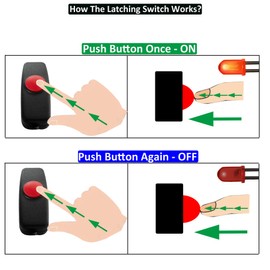 12V Inline Mini ON Off Push Button Switch, Small Latching in-line ON-Off Switch with 10 Inch Prewire on Both End & Quick Shrink Connectors.