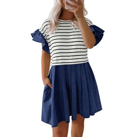 POTILI Plus Size Dresses for Women Summer Short Sleeve Casual Denim Jean Dress A Line Babydoll Mini Dress with Pocket Blue