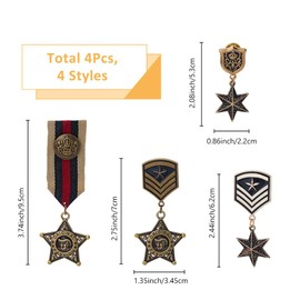 SUPERFINDINGS 4 Pieces 4 Styles Vintage Military Medals Geometric Star Metal Medal Badge Uniform Costume Accessories with Epaulettes and Ribbons for Army Soldier Coat, Metal