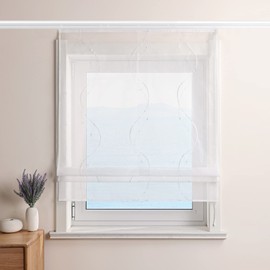 ESLIR Roman Blind White Roman Curtain with Velcro Tape Curtains Kitchen Transparent Ribbon Blind Voile Embroidered with Waves Pattern White W x H 100 x 140 cm 1 Piece