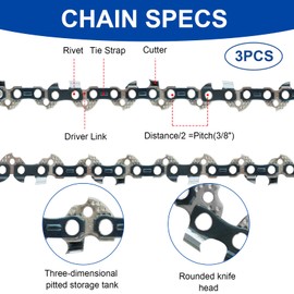 3-Pack Chainsaw Chain for 12 Inch (30cm) Bar, 45 Drive Links, 3/8" LP 0.043" (1.1mm) Gauge, 65 Manganese Steel Replacement Chain Compatible with Ryobi OCS1830, Bosch AKE 30 Li, Makita, Dewalt