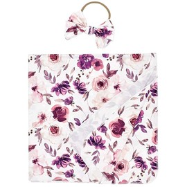 Baby Swaddle Blanket Newborn Girl Swaddle and Headband Set Purple Flowers Floral Print Wrap Shower Gift