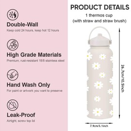Nymora 800ml (26oz) Daisy Water Bottle Thermos Bottle - Back to School Gifts Insulated Stainless Steel Water Bottle with Straw for Women and Girls