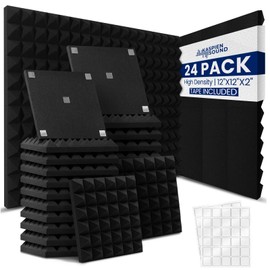 Kaspien Sound | 24 Pack | 12x12x2inch | High Density Acoustic Foam Wall Panels | Pyramid Shape | Double Sided Adhesive Tape | Sound Absorbing Acoustic Panels | Sound Proof Foam Panels For Walls