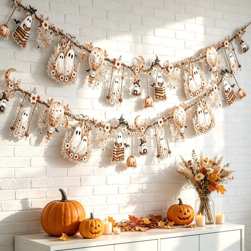 2Pcs Halloween Ghost Garland Double-Sided Autumn Hanging Decorations with Ghost