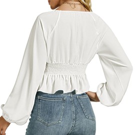 Rooscier Women's Square Neck Lantern Long Sleeve Shirred Waist Ruffle Peplum Crop Top Blouse Solid White Medium