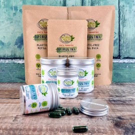 Hawaiian Spirulina Capsules 500mg by The Natural Health Market - 100% Pure - No Additives - Plastic Free Packaging - Made in England - Vegan-Friendly Supplement (120 Capsule - TIN)