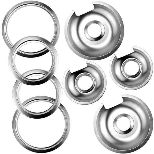 Burner Drip Pans 2 Large 8'' WB32X10013 & 2 Small 6'' WB32X10012 Chrome Drip Pan Set Fits for GE Hotpoint Electric Stove Top - Include 2 Pcs 6'' Drip Pan/Ring and 2 Pcs 8'' Drip Pan/Ring