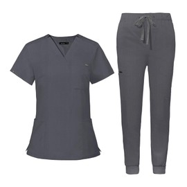 niaahinn Scrub for Women Scrubs Top with Classic V-Neck & Yoga Jogger Pants Medical Nursing Uniform Scrub Set (Gray, M)