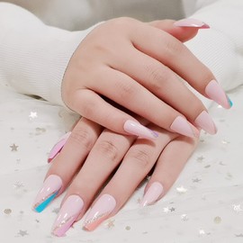 French Long Glossy Coffin Press on Nails Pink Ballerina Fake Nails Flash False Nails Tips Full Cover Stick on Nails for Women Girls 24 PCS