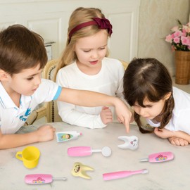 Teeth Brushing Toy, 8 Pieces Tooth Children's Toy, Children's Dentist Play Set, Pink, Dentist Games for Role Play for Girls, Boys from 3 Years