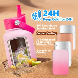 Insulated Water Bottle with Lid & Boot & Stickers, 32 oz Stainless Steel Sweat Free Bottle Keep Cold 24H, BPA-Free Sports Wide Mouth Water Bottle, PinkRed
