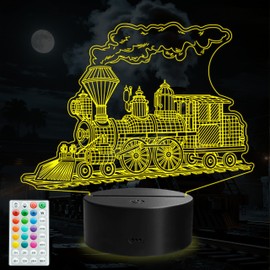 Train Night Light, Stream Train Gifts, 3D Illusion Lamp with Remote Control, 16 RGB Colors, 4 Flashing Modes, Timer, Kids Room Decor