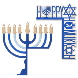 VioraWhite 2 Pcs 2024 Wooden Hanukkah Door Topper Blue Menorah Happy Hanukkah Door Corner Sign Decor Window Frame Decor Chanukah Decorations for Cabinet Window Wall Door Topper Decor